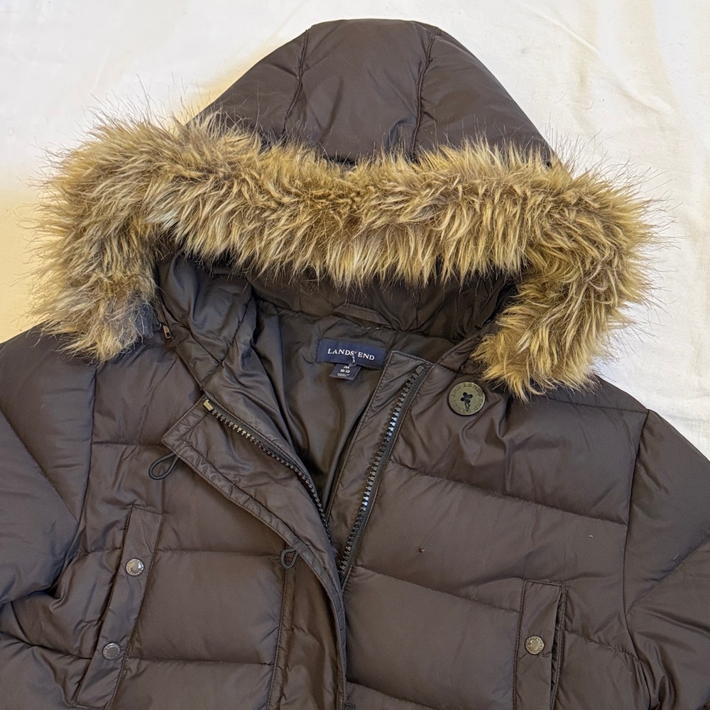 Lands' End Dark Brown Quilted Jacket with Faux Fur Trim
